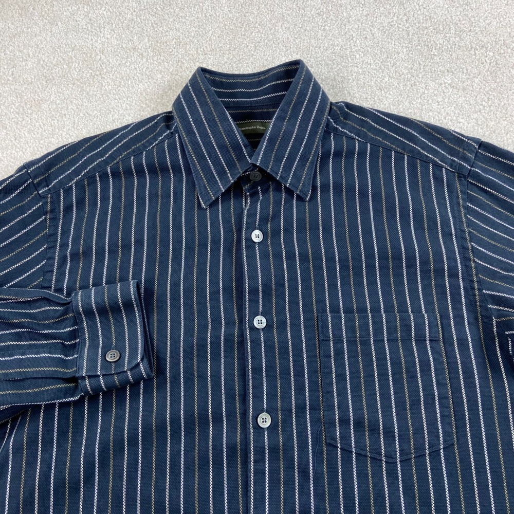 Ermenegildo Zegna Button Up Shirt‎ Mens Large Navy Blue Pinstripe Cotton